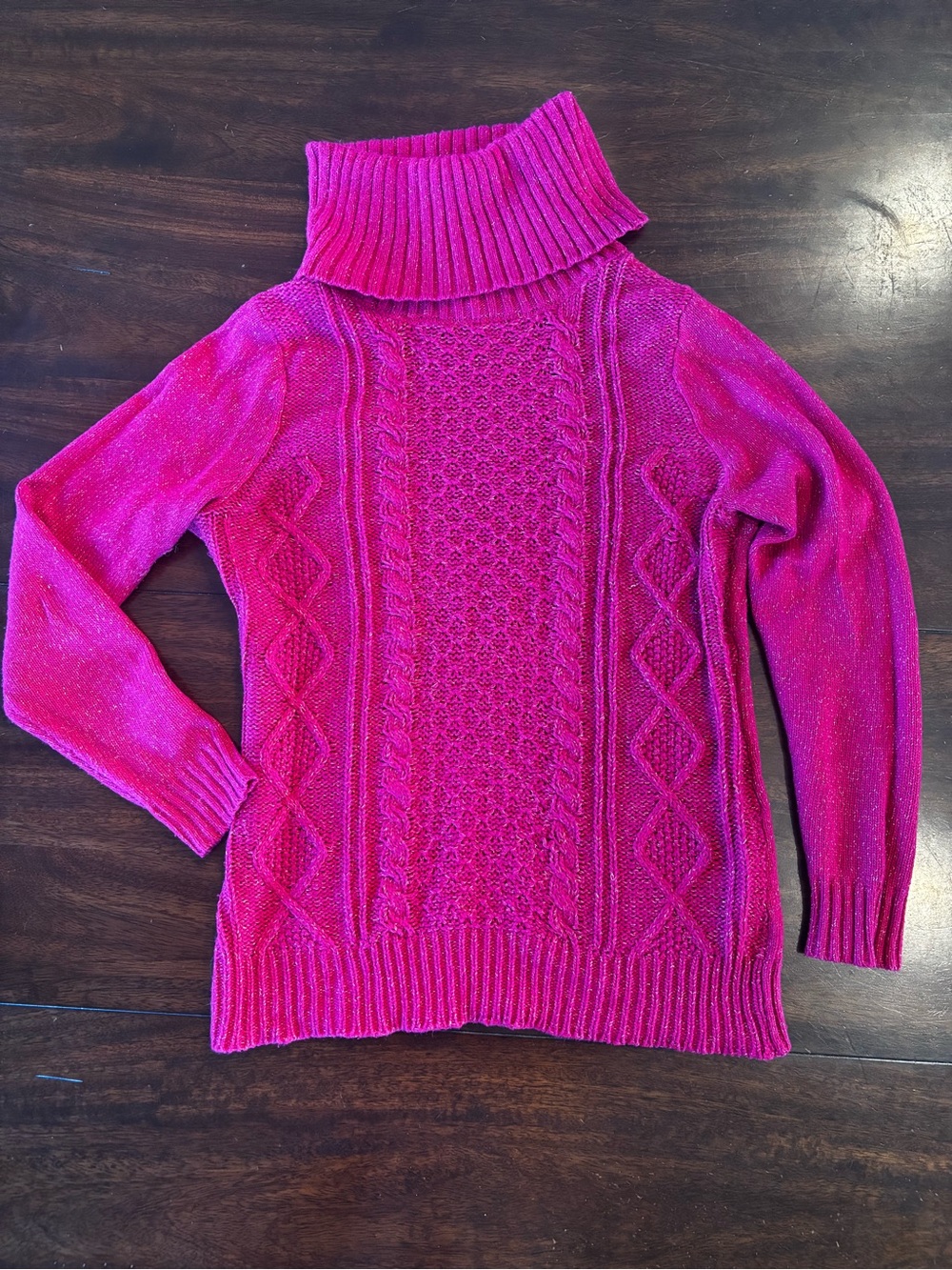 Turtleneck Cable Knit Sweater - Bright Pink